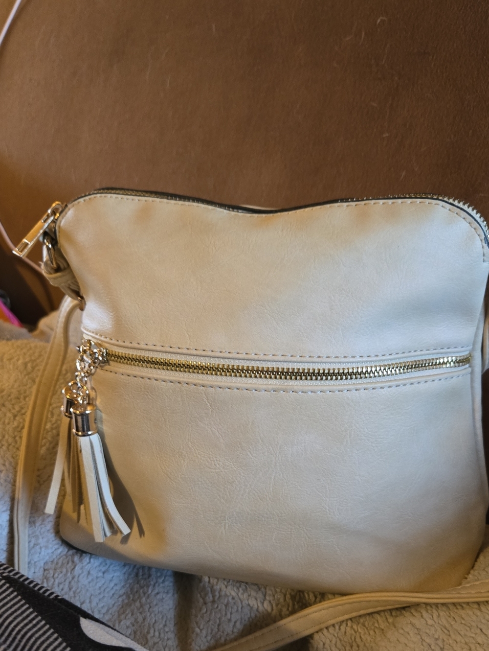 Leather Classic Cream Crossbody Bag with Tassel Accent